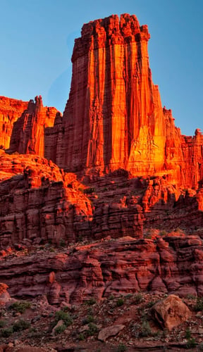 Red rock towers glowing at golden hour